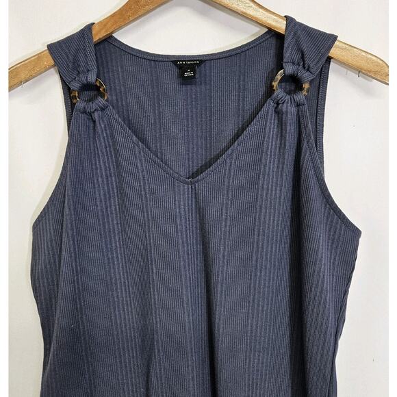 Ann Taylor Blue V-Neck Shoulder Detail Tank Top Sleeveless Blouse Size Medium - Picture 2 of 6